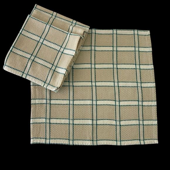 Lot of 4  Cloth Napkins Beige Green White Plaid 16" x  15" Cotton Dining Vintage - Picture 5 of 5